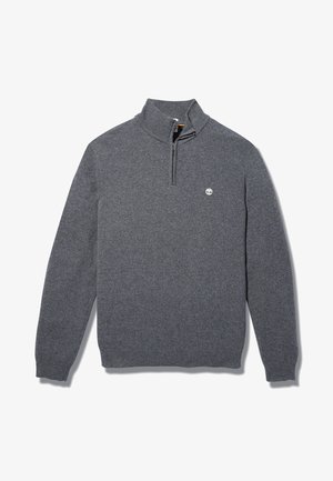 Maglione grigio con colletto a zip quarti, realizzato in tessuto morbido, con un piccolo logo sul petto e polsini e orlo a costine.