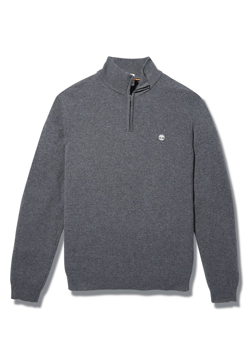 Grå pulloverr tröja med kvartdragkedja vid kragen, tillverkad av mjukt tyg, med en liten logotyp på bröstet och ribbade ärmslut och nederkant.