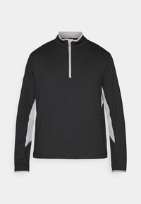 Must have pikendusega must pullover, millel on neljandikzip ja kontrastsed hallid külgpaneelid ning tekstureeritud kangas. Sile krae ja mansetid.