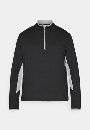 Pullover nero a maniche lunghe con zip a quarto, caratterizzato da pannelli laterali grigi a contrasto e tessuto testurizzato. Colletto e polsini lisci.