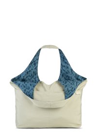 Beige tote bag met een slouchy ontwerp en een ruime opening. Voorzien van een blauw patroon aan de binnenkant en een enkele handgreep voor gemakkelijk dragen.