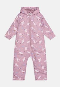 Lila enhörningsmönstrad huva-jumpsuit med långa ärmar, hel dragkedja, som har lekfulla mönster av enhörningar och regnbågar på ett mjukt material.