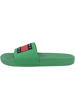 Chancla de goma verde con una tira ancha que presenta un rectángulo rojo y texto negro encima. Superficie lisa, suela plana y con marca en el lateral.