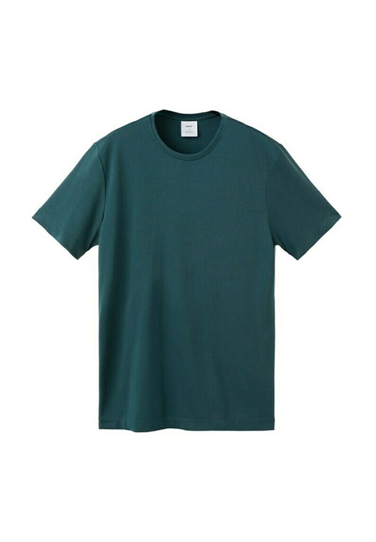 T-shirt en coton à manches courtes, col rond, de couleur bleu sarcelle foncé uniforme, présenté à plat sur un fond blanc.