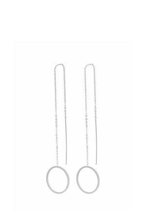 Boucles d'oreilles à fil en argent avec de fines chaînes et des anneaux circulaires ouverts aux extrémités, présentées sur fond blanc.