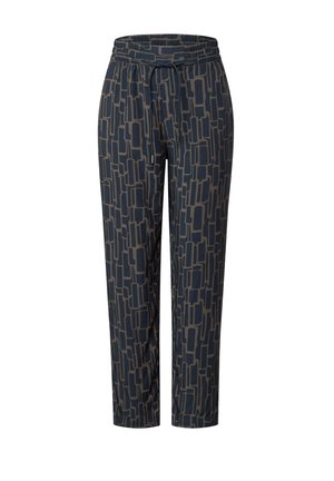 Pantalons navy avec un motif géométrique dans des nuances de beige, dotés d'une taille élastique et d'un cordon de serrage. Convient pour une tenue décontractée.