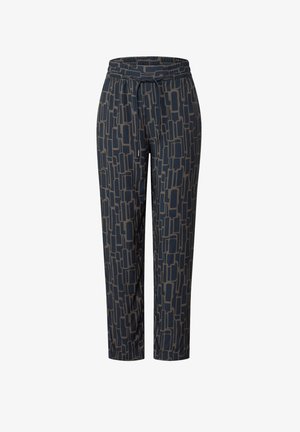 Navy pants with a geometric pattern in shades of beige, featuring an elastic waistband and drawstring. Suitable for casual wear.