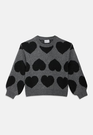 Hall halli ümmarguse kaelusega kampsun, millel on suured mustad südamekujulised mustrid. Soonilised varrukaotsad ja ääris, valmistatud pehmest tekstuuriga materjalist.