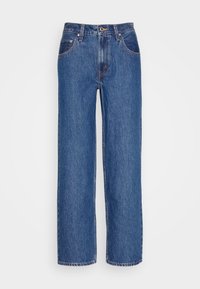 Modré džínové kalhoty s přímým střihem nohavic, středním pasem, předními kapsami a kontrastními švy. Klasický pětikapsový střih.