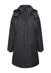Cappotto imbottito nero con colletto alto e cappuccio removibile, dotato di chiusura frontale con zip, tasche laterali e polsini regolabili.