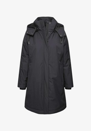 Abrigo acolchado negro con un alto cuello y capucha desmontable, que cuenta con un cierre frontal con cremallera, bolsillos laterales y puños ajustables.