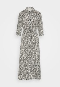 Blumendruckkleid in Dunkelgrün mit weißen Blumen, Kragen, Dreiviertelärmeln und einer taillierten Taille mit einem Bindeband.