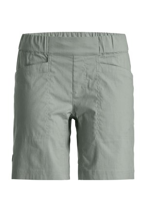 Light grey knee-length shorts with an elastic waistband, front stitching, and two front pockets.