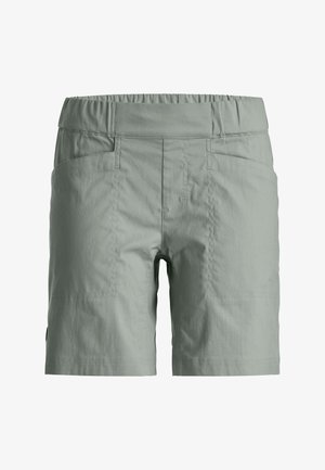 Light grey knee-length shorts with an elastic waistband, front stitching, and two front pockets.