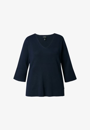 Tmavě modrý pletený top s výstřihem do V, tříčtvrtečními rukávy s žebrovanými lemy na manžetách a uvolněným střihem. Hladká textura po celé ploše.