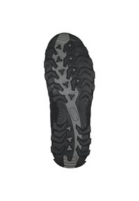 Svart gummiskosula med en texturerad yta som har djupa spår, toppar och hexagonala mönster för grepp. Grå accent vid hälen.