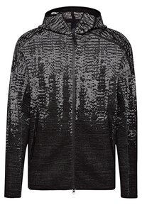 Black and gray textured full-zip hoodie with long sleeves and a hood, featuring a patterned knit design and front zipper closure.