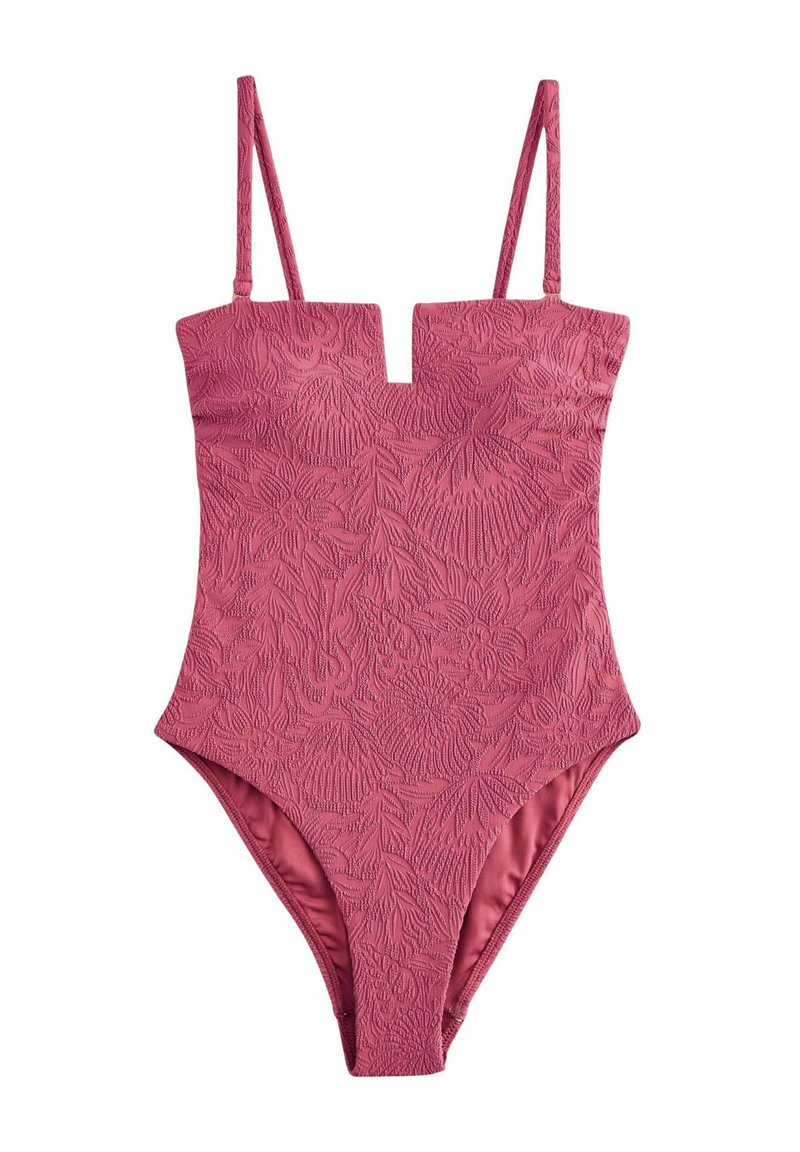 Rosa Einteiler-Badeanzug mit einem strukturierten Blumenmuster, tiefem V-Ausschnitt und verstellbaren Trägern, der ein hochgeschnittenes Beindesign aufweist.