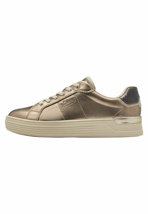 Bronze leather sneakers with a smooth texture, featuring a rounded toe, lace-up closure, and a contrasting heel panel. Rubber sole.