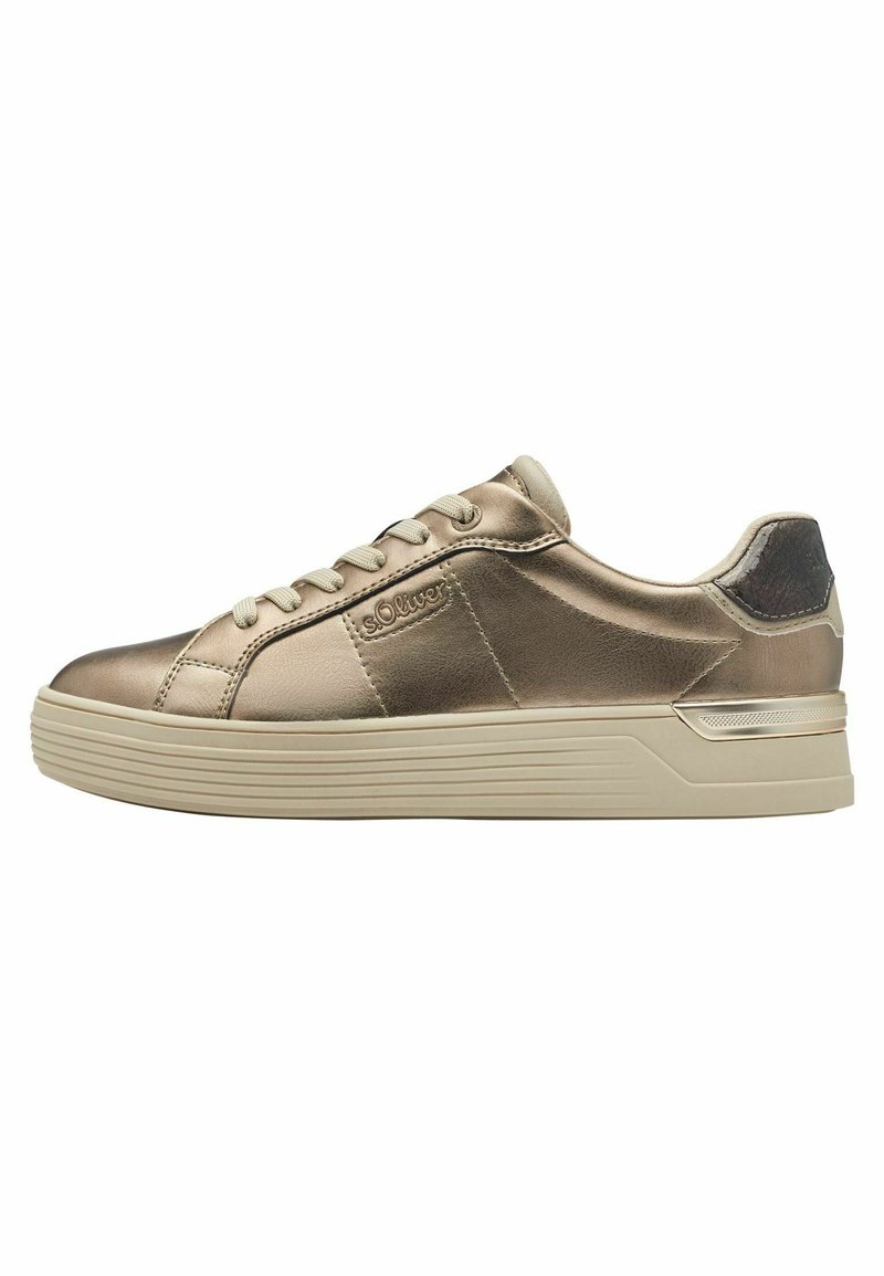 Zapatillas de cuero bronce con un acabado suave, que presentan una puntera redondeada, cierre con cordones y un panel de talón en contraste. Suela de goma.