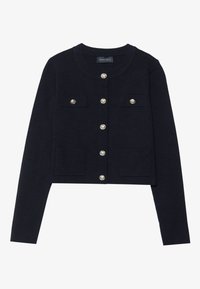 Granatowy krótki kardigan z dzianiny, z długimi rękawami, dwiema kieszeniami na piersi oraz srebrnymi guzikami na przodzie.