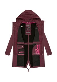 Burgundy insulated jacket with a quilted exterior, featuring black mesh pockets and pink accents. Hooded design with front zipper closure.