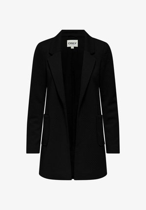 Zwarte damesblazer met lange mouwen, met naar beneden lopende revers en voormokken, van textuurstof en met een open voorkant.