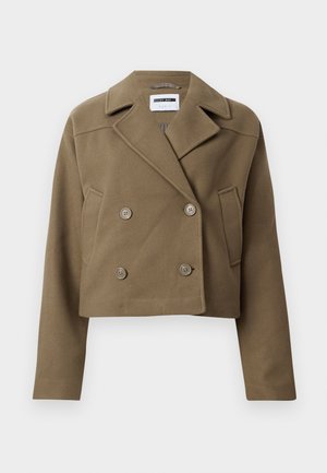 Cropped double-breasted jacket in olive green, made of textured fabric. Features large buttons and a pointed collar, with side pocket detail.