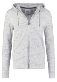Graue Zip-Up-Hoodie aus strukturiertem Stoff, mit verstellbarem Kordelzug für die Kapuze und Fronttaschen in einem schlichten, klaren Design.