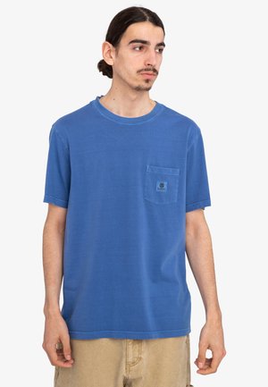 Blue cotton t-shirt with short sleeves and a chest pocket, featuring a textured logo patch. Casual fit, simple design with no patterns.