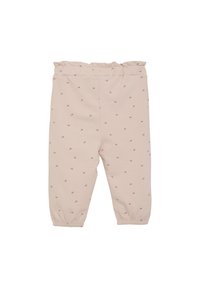 Ljust rosa barnbyxor med små blommönster, elastisk midja och smockade anklar, tillverkade av mjukt bomullsmaterial.
