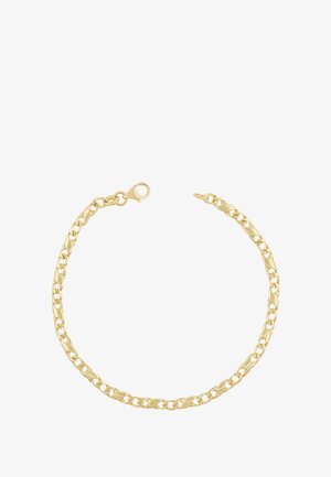 Bracciale in tono oro con catena caratterizzata da anelli interbloccati, chiusura a moschettone e una superficie liscia e lucida. Non sono presenti ulteriori abbellimenti.