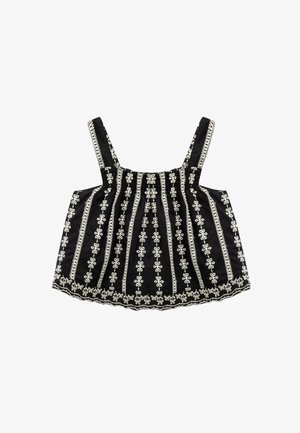 Sort stoftop med tynde stropper, udsmykket med hvid blomsterbroderi i lodrette striber og en samlet talje med en bølget kant.