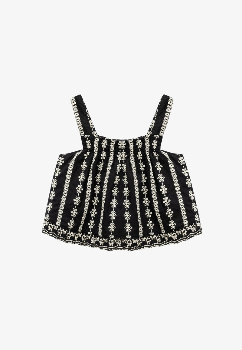 Czarny top z materiału z cienkimi ramiączkami, zdobiony białą haftowaną florystyką w pionowe paski oraz marszczonym pasem i falowanym dołem.
