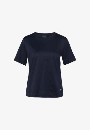 Granatowy t-shirt z krótkim rękawem i okrągłym dekoltem, z małym złotym logo przy dolnym brzegu, gładki przód, luźny krój.