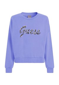 Felpa lavanda con collo a giro, maniche lunghe e polsini a costine. Logo "Guess" in paillettes scintillanti sulla parte anteriore. Tessuto morbido.