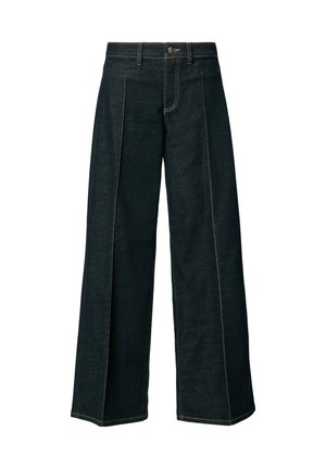 Weite Jeans aus dunklem Denim mit Kontrastnähten. Verfügt über einen Knopfverschluss, Gürtelschlaufen und ein sauberes Finish ohne zusätzliche Verzierungen.