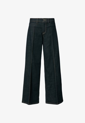 Weite Jeans aus dunklem Denim mit Kontrastnähten. Verfügt über einen Knopfverschluss, Gürtelschlaufen und ein sauberes Finish ohne zusätzliche Verzierungen.