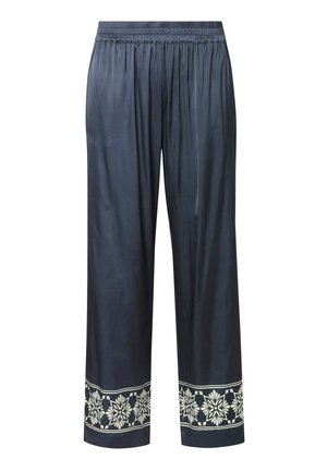 Mørkeblå bukser med brede ben, elastisk talje og hvidt blomsterprint langs kant på begge ben.