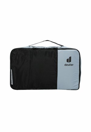 Black and light gray rectangular travel bag with a hanging strap, featuring a checkered pattern and a prominent logo. Textured fabric.
