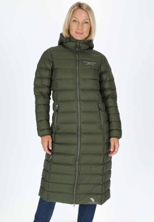 Olive green puffer coat with a hood, zip front, and side pockets. Features quilted sections and a logo detail at the chest and hem.