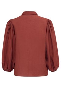 Rust-colored blouse featuring a point collar and puffed long sleeves, with a smooth texture and elastic cuffs at the sleeve hems.