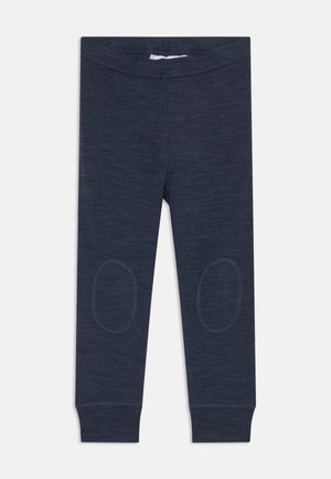 Navy blue leggings made of textured fabric, featuring knee patches, elastic waistband, and fitted cuffs at the ankle.