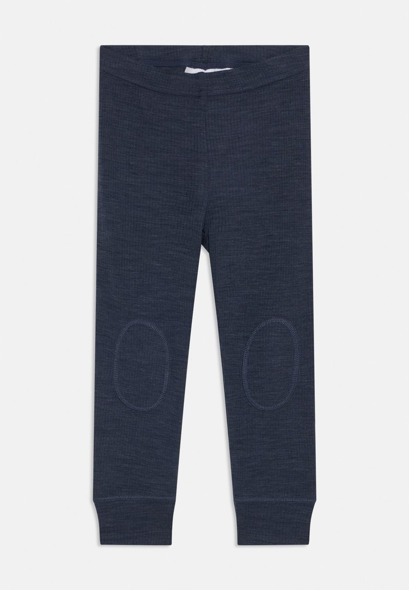 Leggings azul-marinho feitos de tecido texturizado, com remendos nos joelhos, cintura elástica e punhos ajustados no tornozelo.