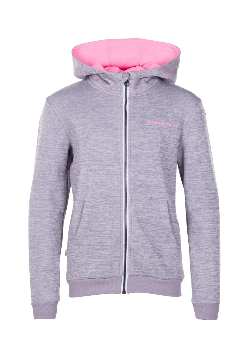 Felpa grigia con zip e interno rosa. Presenta maniche lunghe, tasche laterali e la scritta "SWEDEMOUNT" in rosa sul petto.