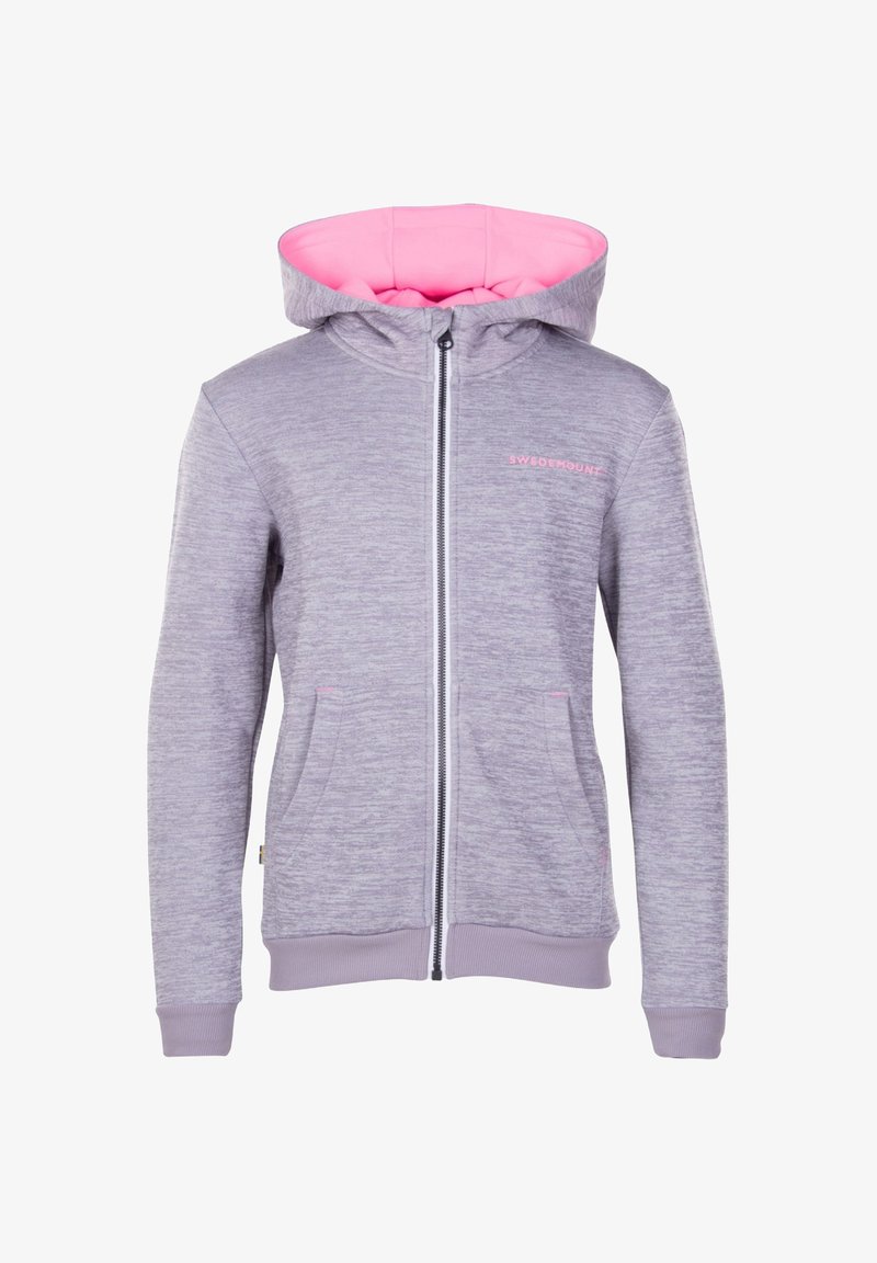 Felpa grigia con zip e interno rosa. Presenta maniche lunghe, tasche laterali e la scritta "SWEDEMOUNT" in rosa sul petto.
