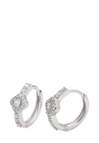 Silberne Creolen mit runden, klaren Kristallen, die in einem Cluster angeordnet sind, und einem sicheren Verschlussdesign.