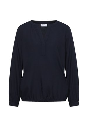 Haut à manches longues bleu marine avec un col en V, taille froncée et tissu lisse. Présente un petit plastron et des poignets élastiques.