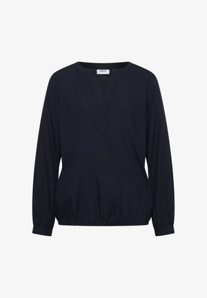 Top de manga larga azul marino con escote en V, cintura fruncida y tela suave. Presenta una pequeña abertura y puños elásticos.