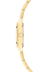 Goldfarbene Uhr mit silbernem Zifferblatt, rundem Gehäuse und verlinktem Armband. Verfügt über eine strukturierte Krone und eine polierte Oberfläche.